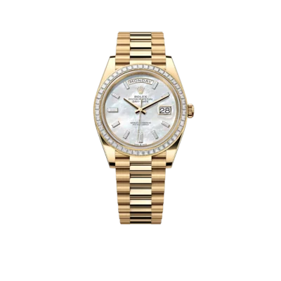 Rolex Day-Date 40 228398TBR Yellow Gold Mother of Pearl Diamond Baguette Dial and Bezel