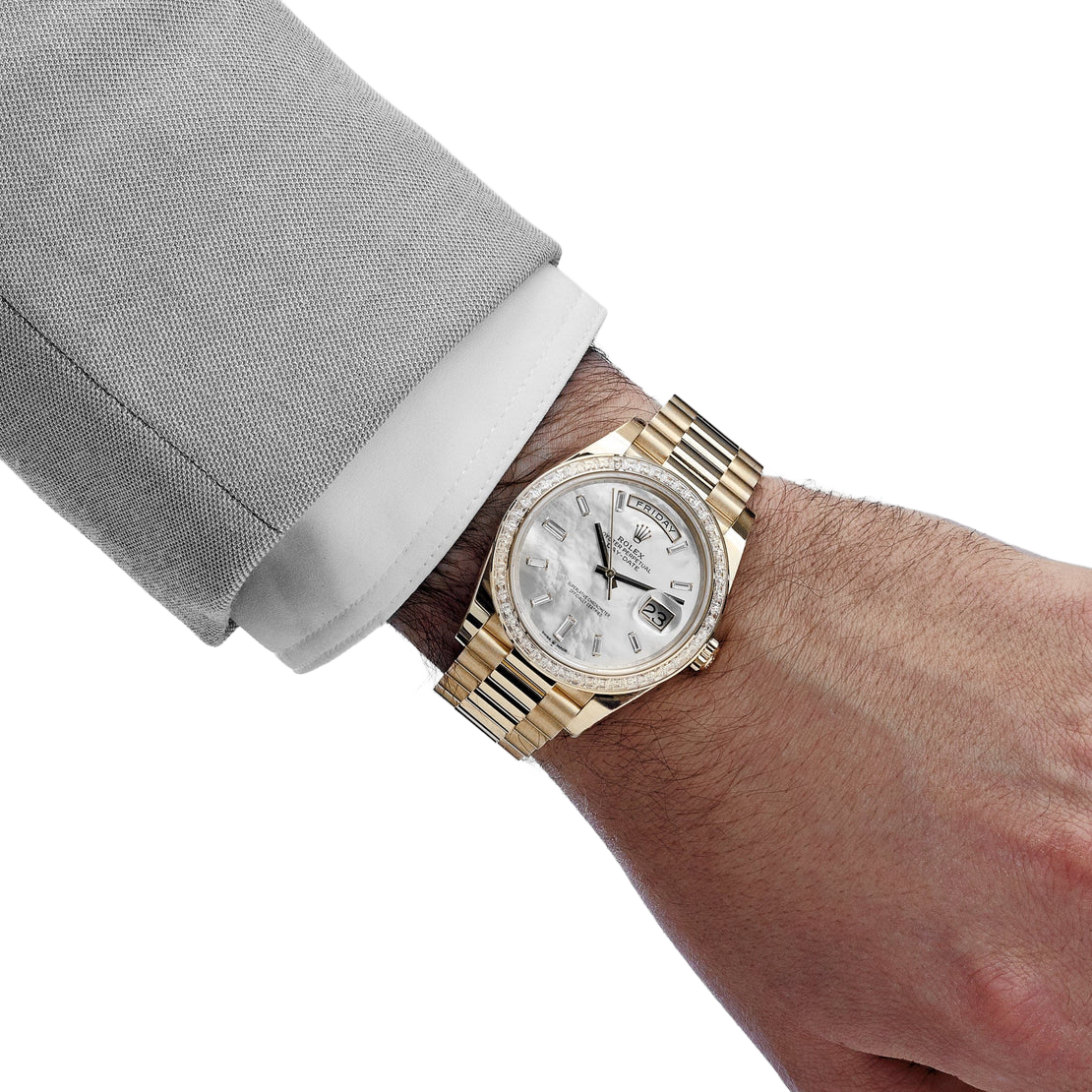 Rolex Day-Date 40 228398TBR Yellow Gold Mother of Pearl Diamond Baguette Dial and Bezel - Image 2