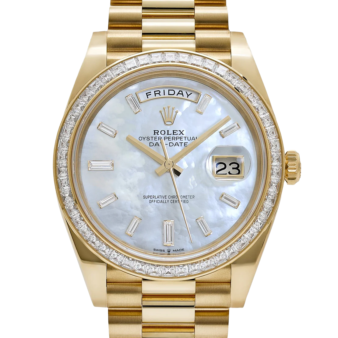 Rolex Day-Date 40 228398TBR Yellow Gold Mother of Pearl Diamond Baguette Dial and Bezel - Image 4
