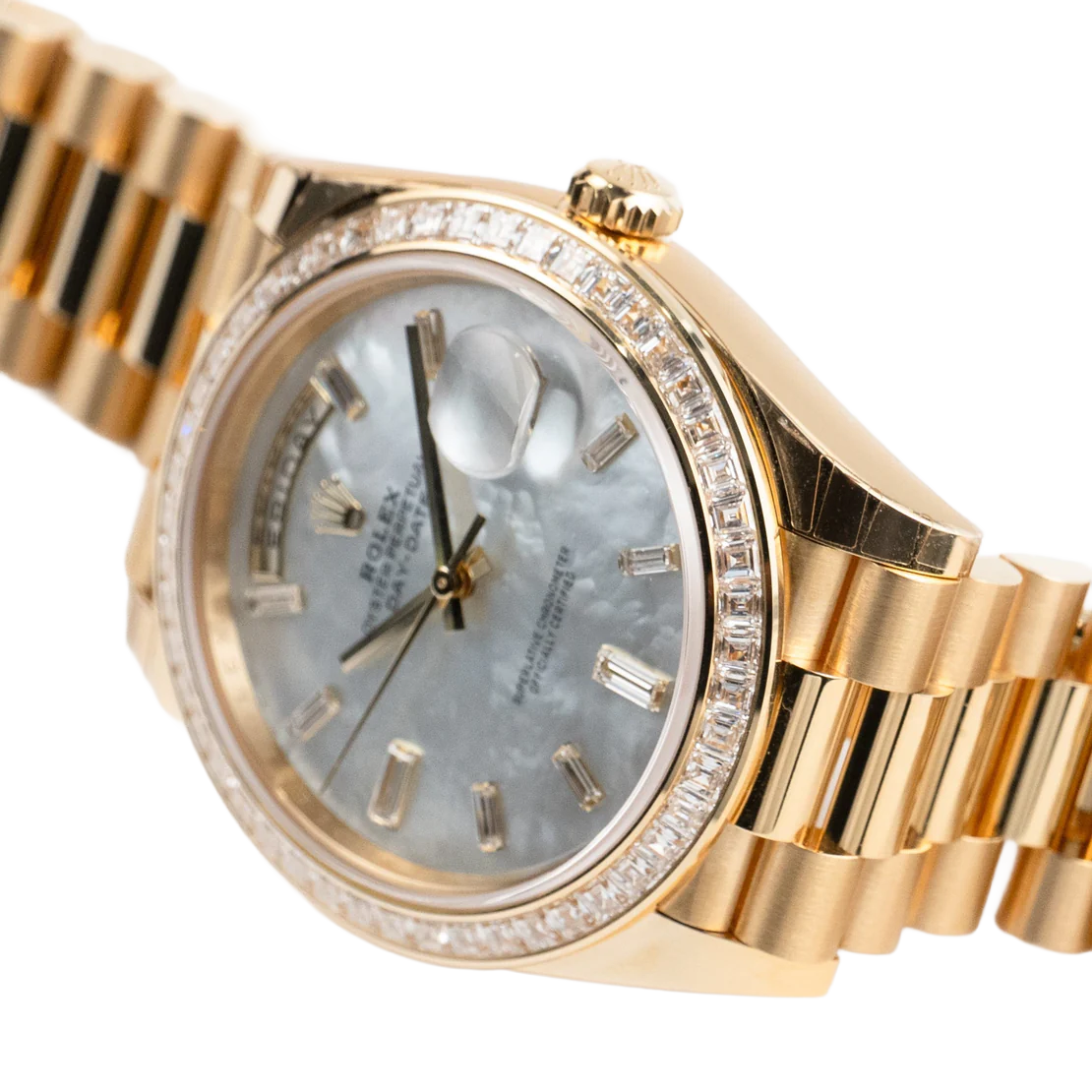 Rolex Day-Date 40 228398TBR Yellow Gold Mother of Pearl Diamond Baguette Dial and Bezel - Image 6