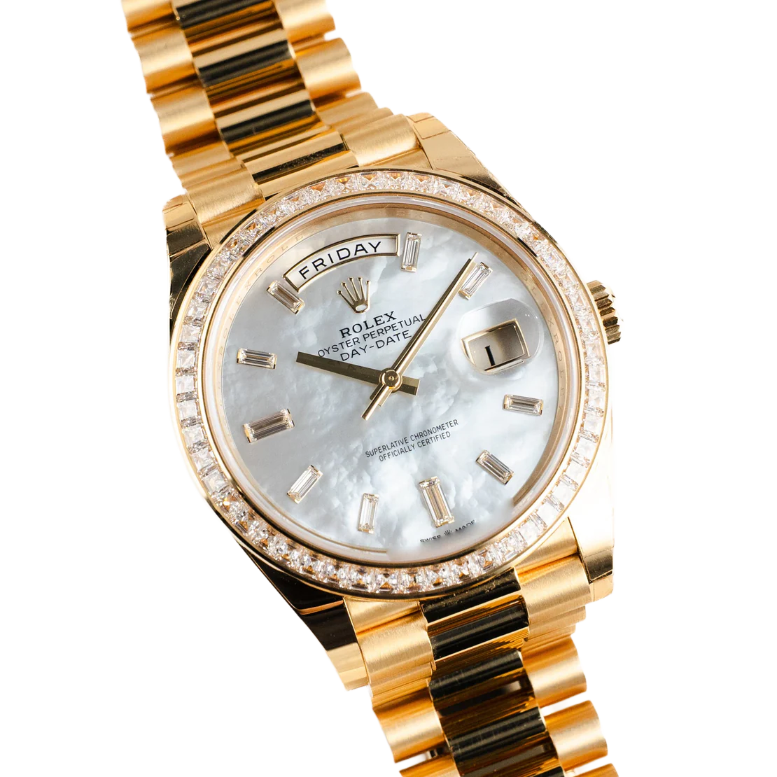 Rolex Day-Date 40 228398TBR Yellow Gold Mother of Pearl Diamond Baguette Dial and Bezel - Image 7