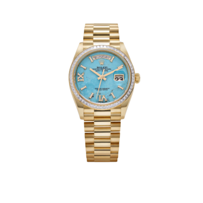 Rolex Day-Date 36mm Yellow Gold Turquoise Stone Diamond Roman Numerals Dial Diamond Bezel 128398TBR