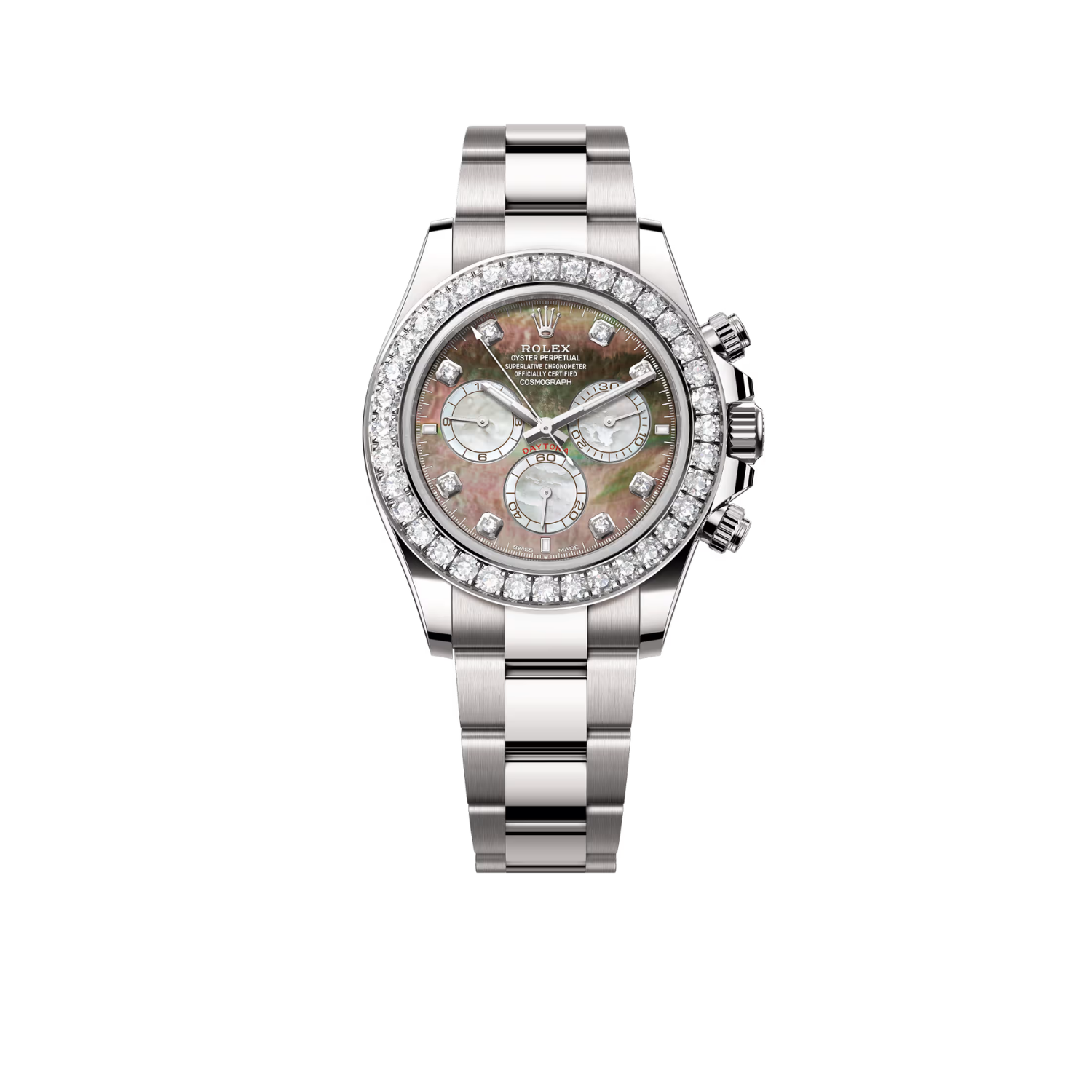 Rolex Daytona 40mm Oyster White Gold Black and White Mother of Pearl Diamond Dial & Bezel 126579RBR