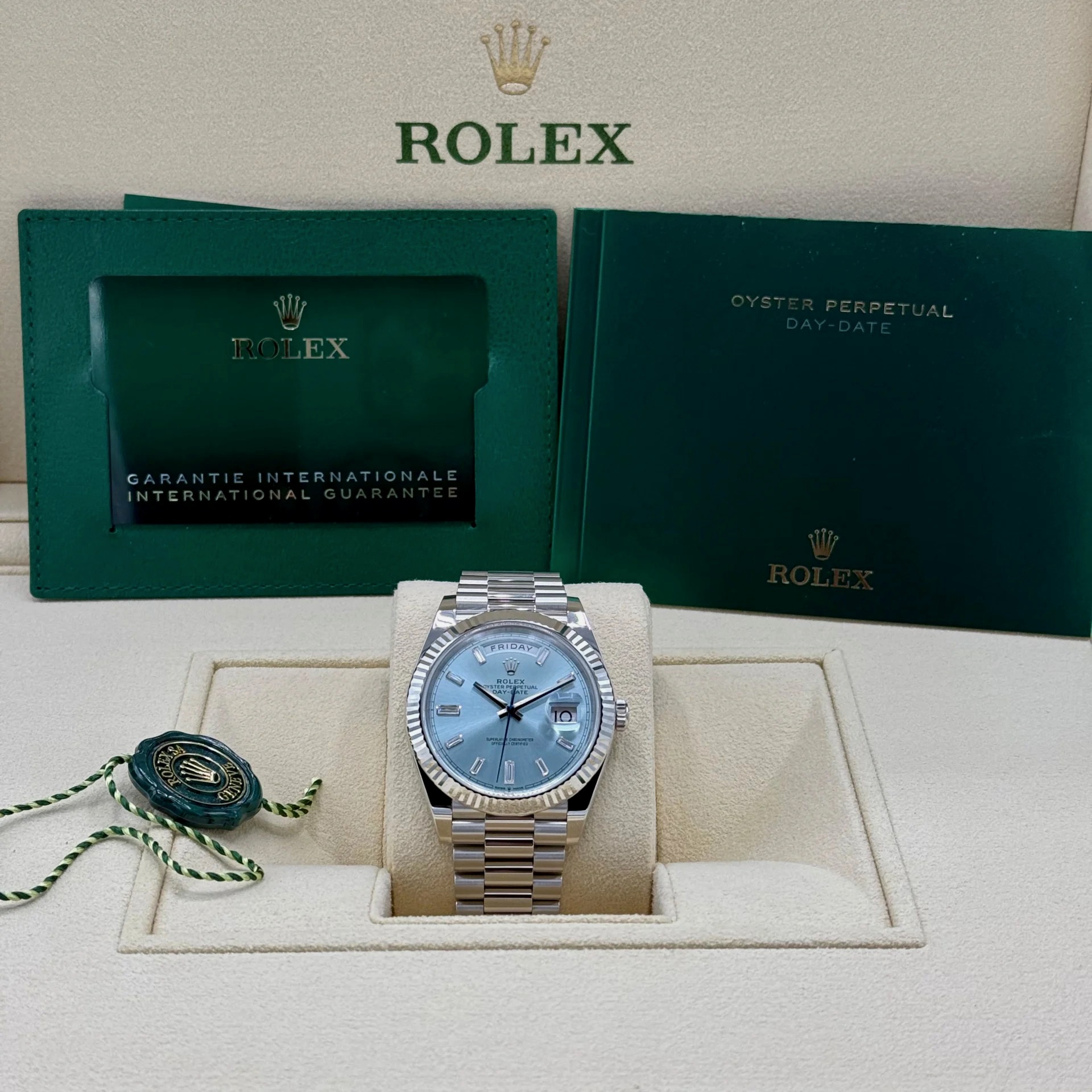 Rolex Day-Date 40mm Platinum President Ice Blue Baguette Dial 228236 - Image 9