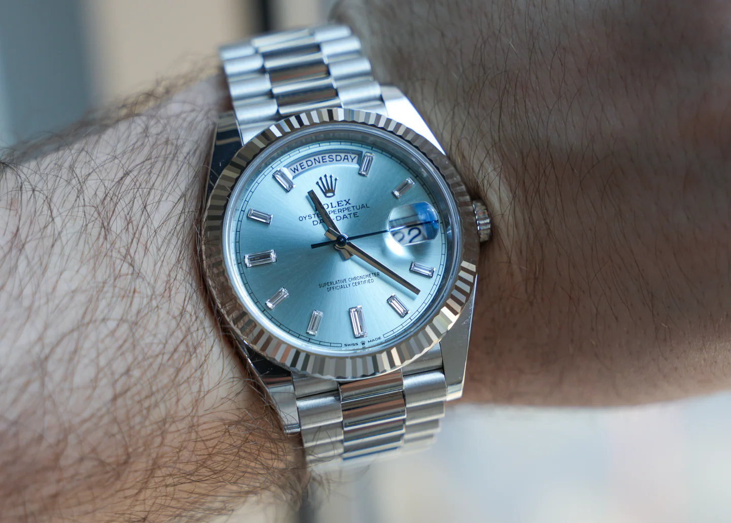 Rolex Day-Date 40mm Platinum President Ice Blue Baguette Dial 228236 - Image 2