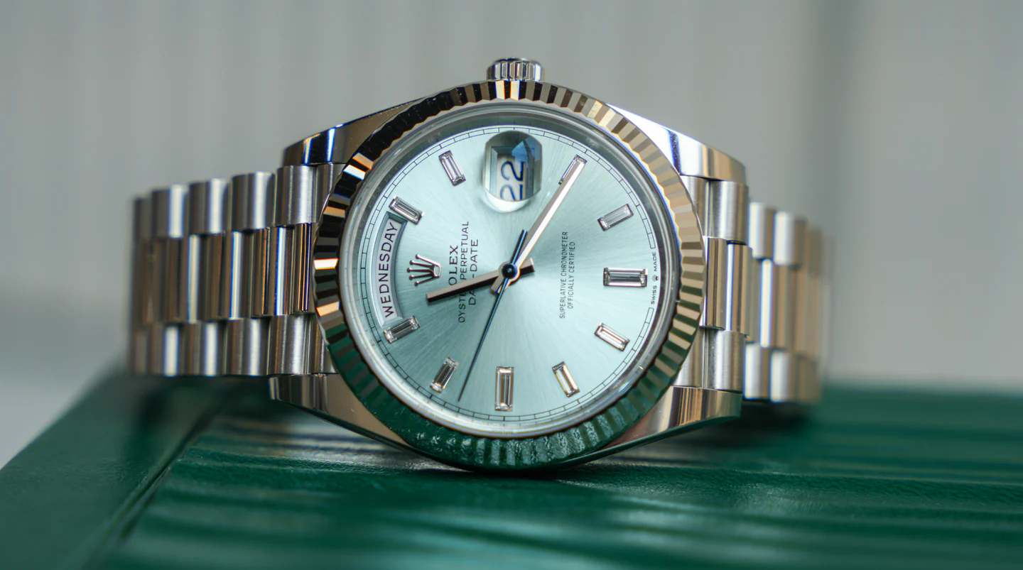 Rolex Day-Date 40mm Platinum President Ice Blue Baguette Dial 228236 - Image 4
