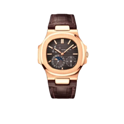 Patek Philippe Nautilus 40mm 5712R-001 Moon Phase Power Reserve Rose Gold Brown Dial Leather Strap