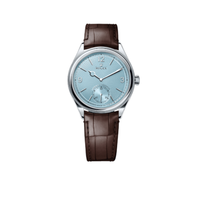 Rolex Perpetual 1908 39mm White Gold Platinum Ice Blue Dial Brown Alligator Leather Strap m52506-0002