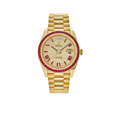 Rolex Day-Date 40 228398TRU Yellow Gold Roman Dial Ruby Bezel